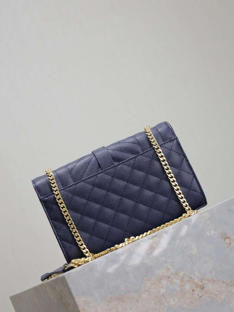 YSL 600195 Envelope Small In Quilted Grain De Poudre Embossed Leather Navy Blue