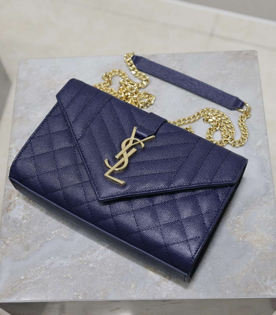 YSL 600195 Envelope Small In Quilted Grain De Poudre Embossed Leather Navy Blue