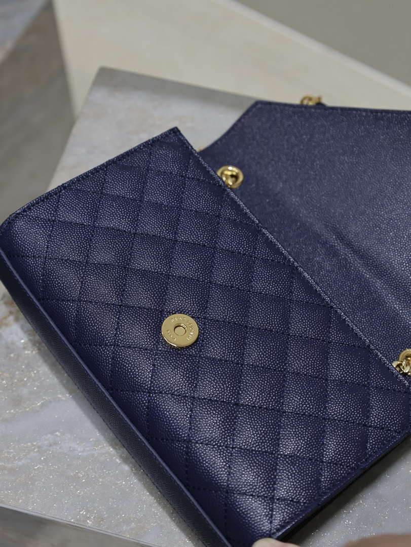 YSL 600195 Envelope Small In Quilted Grain De Poudre Embossed Leather Navy Blue