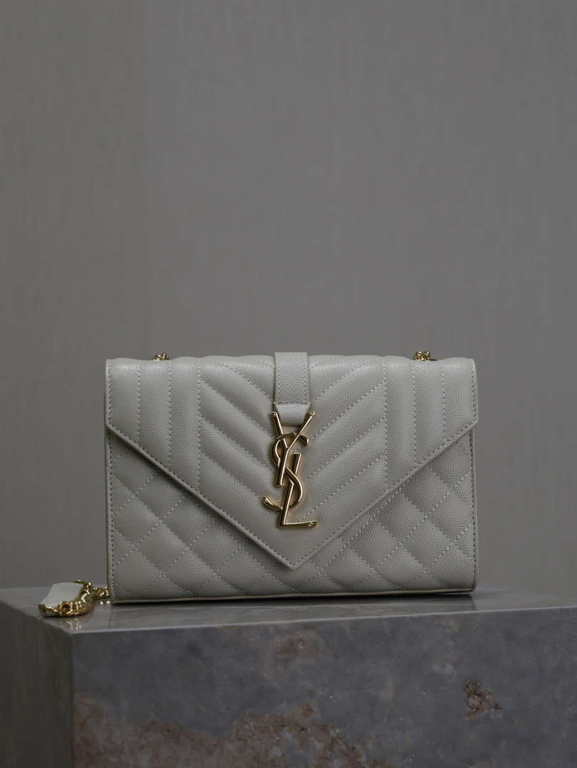 YSL 600195 Envelope Small In Quilted Grain De Poudre Embossed Leather White
