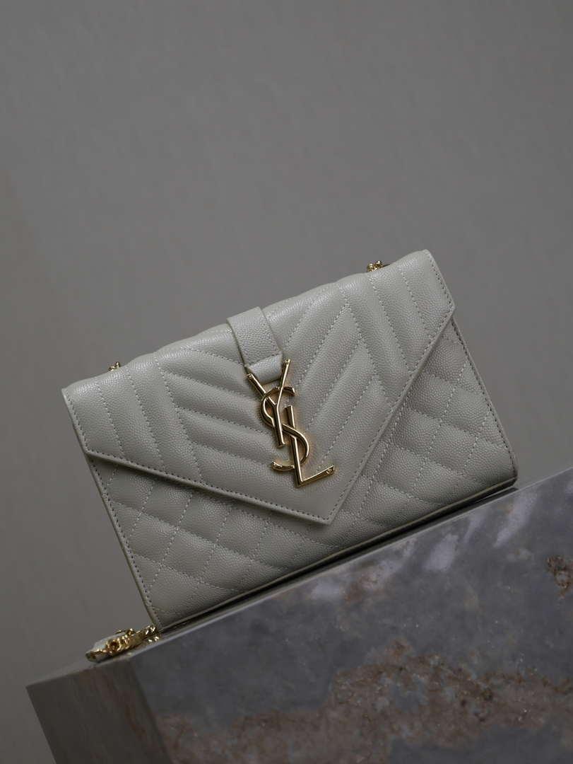 YSL 600195 Envelope Small In Quilted Grain De Poudre Embossed Leather White