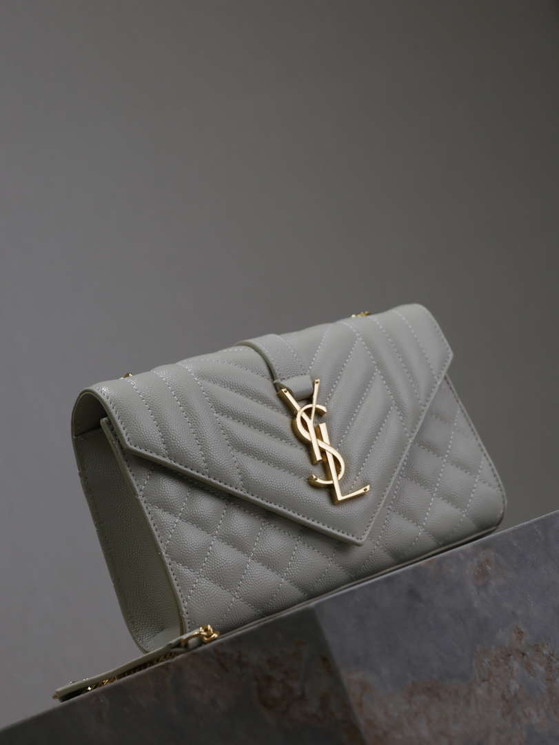 YSL 600195 Envelope Small In Quilted Grain De Poudre Embossed Leather White
