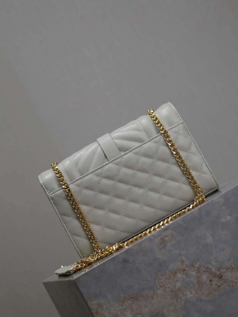 YSL 600195 Envelope Small In Quilted Grain De Poudre Embossed Leather White