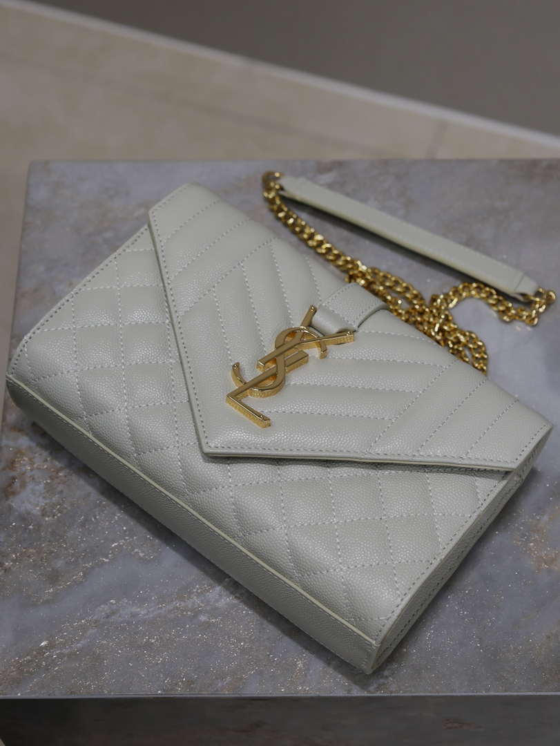 YSL 600195 Envelope Small In Quilted Grain De Poudre Embossed Leather White