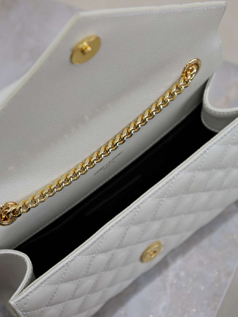 YSL 600195 Envelope Small In Quilted Grain De Poudre Embossed Leather White