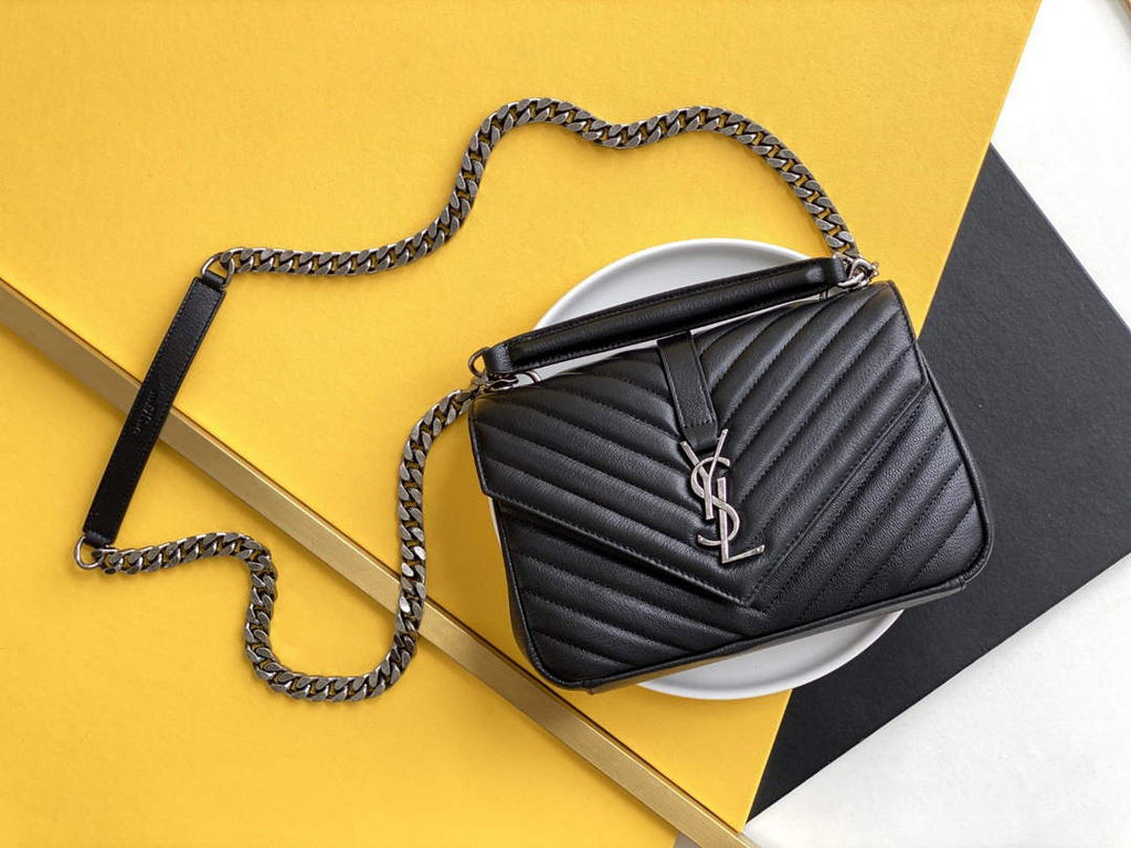 YSL 600279 College Medium In Matelass¨¦ Leather Black with Silver