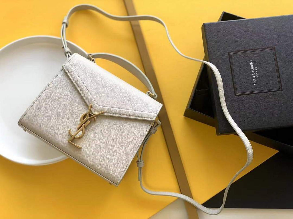 YSL 602716 Cassandra Mini Top Handle Bag In Grain De Poudre Embossed Leather White