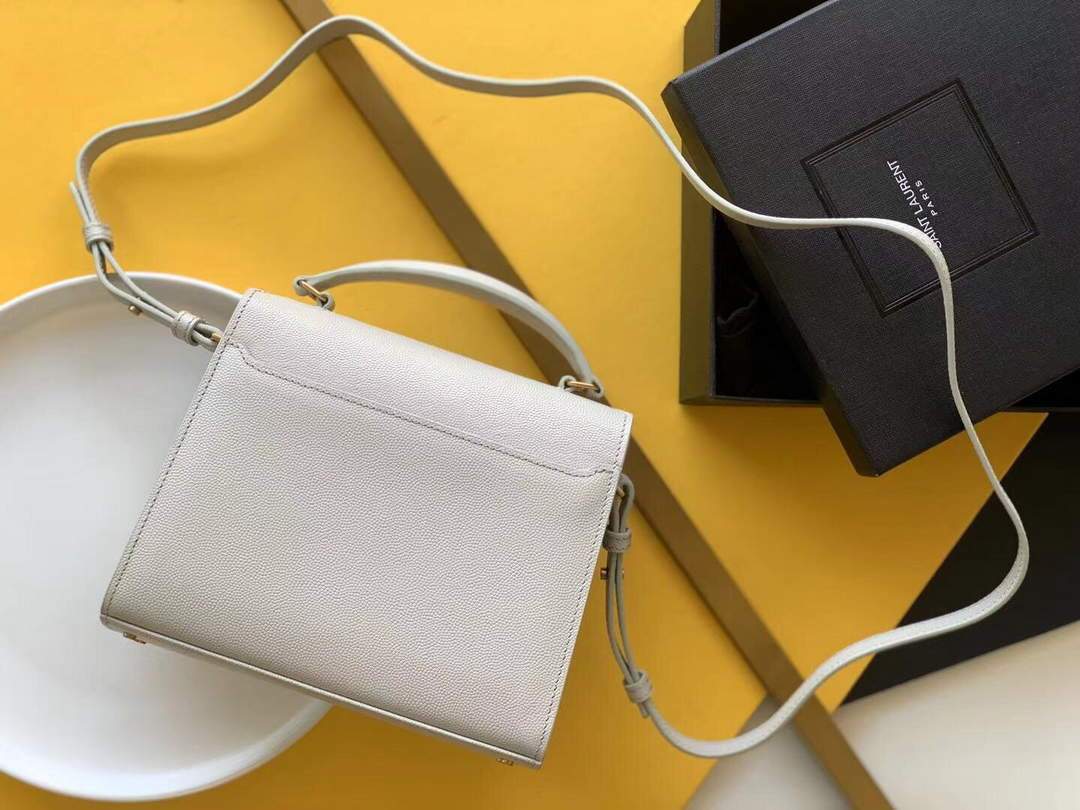YSL 602716 Cassandra Mini Top Handle Bag In Grain De Poudre Embossed Leather White