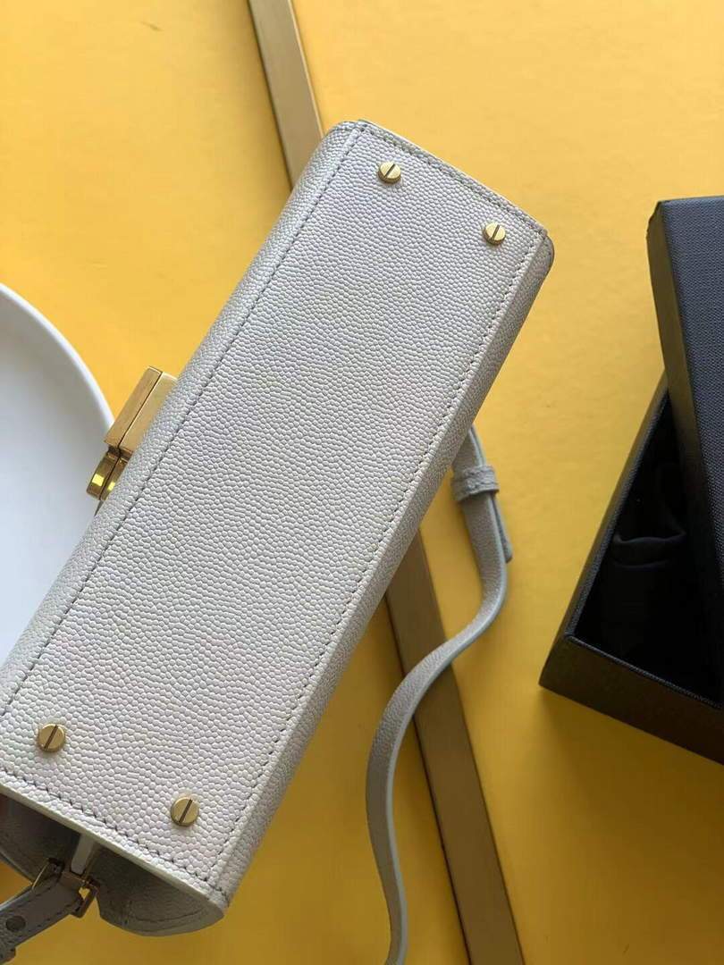 YSL 602716 Cassandra Mini Top Handle Bag In Grain De Poudre Embossed Leather White