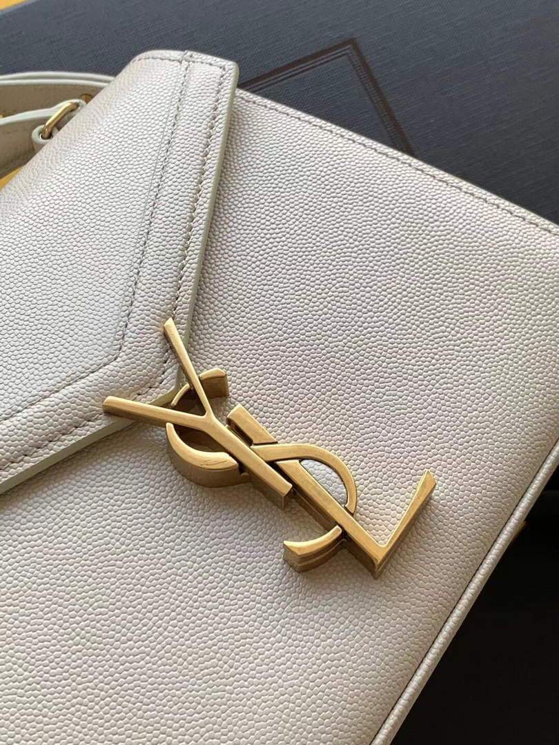 YSL 602716 Cassandra Mini Top Handle Bag In Grain De Poudre Embossed Leather White