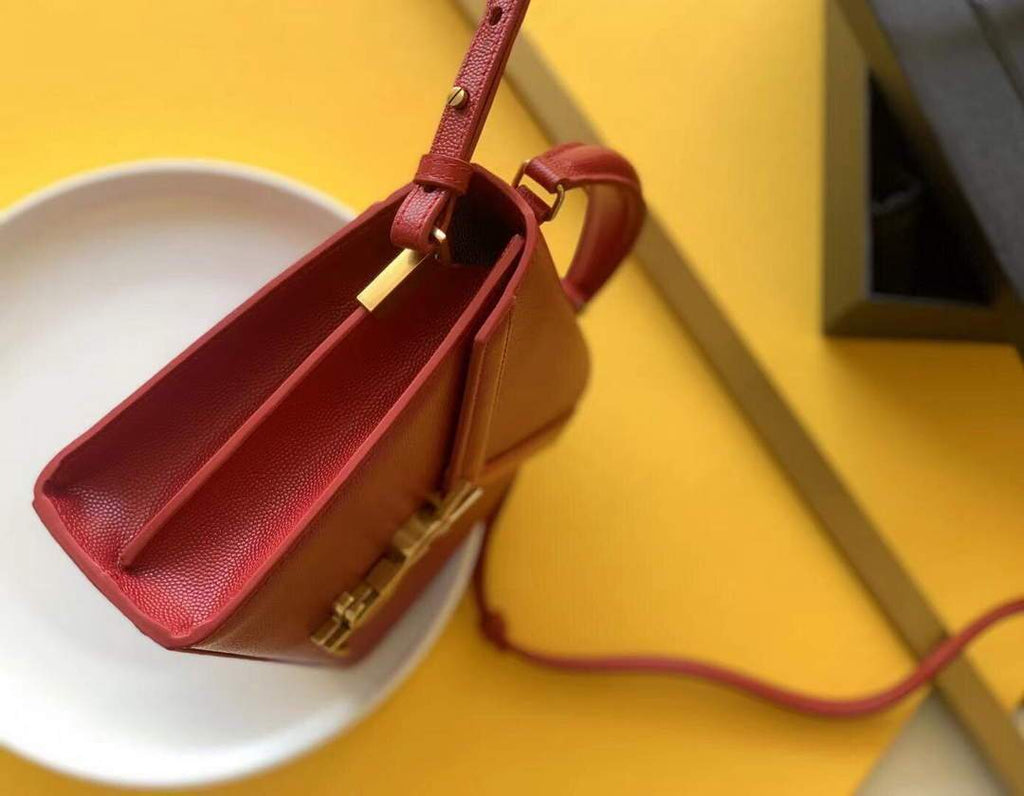 YSL 602716 Cassandra Mini Top Handle Bag In Grain De Poudre Embossed Leather Red