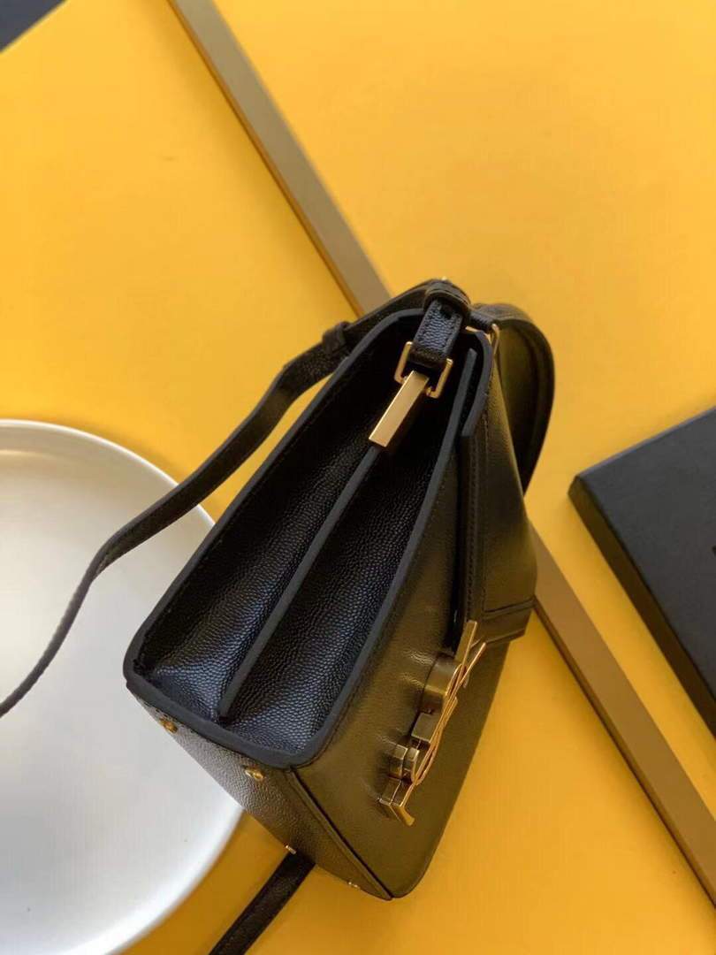 YSL 602716 Cassandra Mini Top Handle Bag In Grain De Poudre Embossed Leather Black