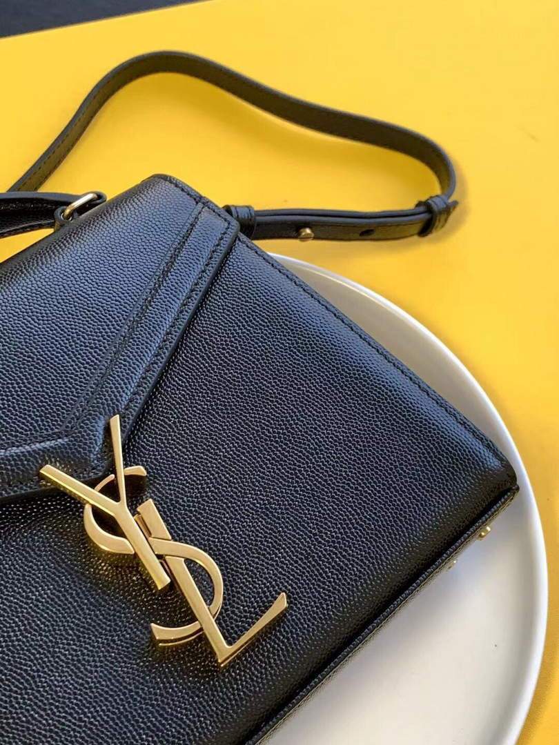 YSL 602716 Cassandra Mini Top Handle Bag In Grain De Poudre Embossed Leather Black
