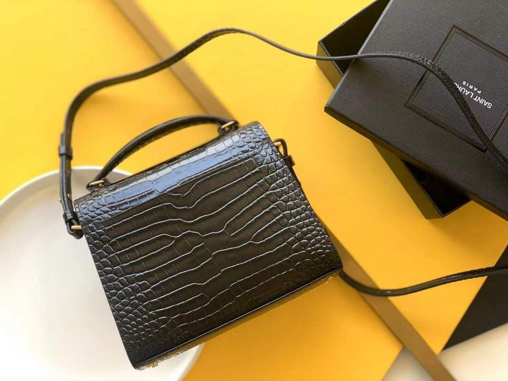 YSL 602716 Crocodile Embossed Shiny Leather Mini Bag Black