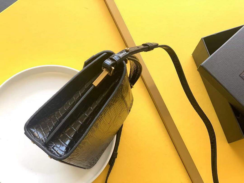 YSL 602716 Crocodile Embossed Shiny Leather Mini Bag Black