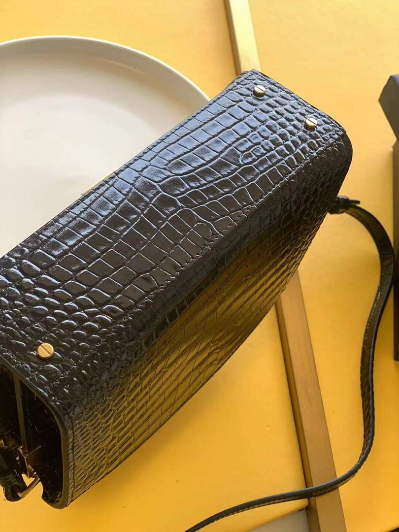 YSL 602716 Crocodile Embossed Shiny Leather Mini Bag Black