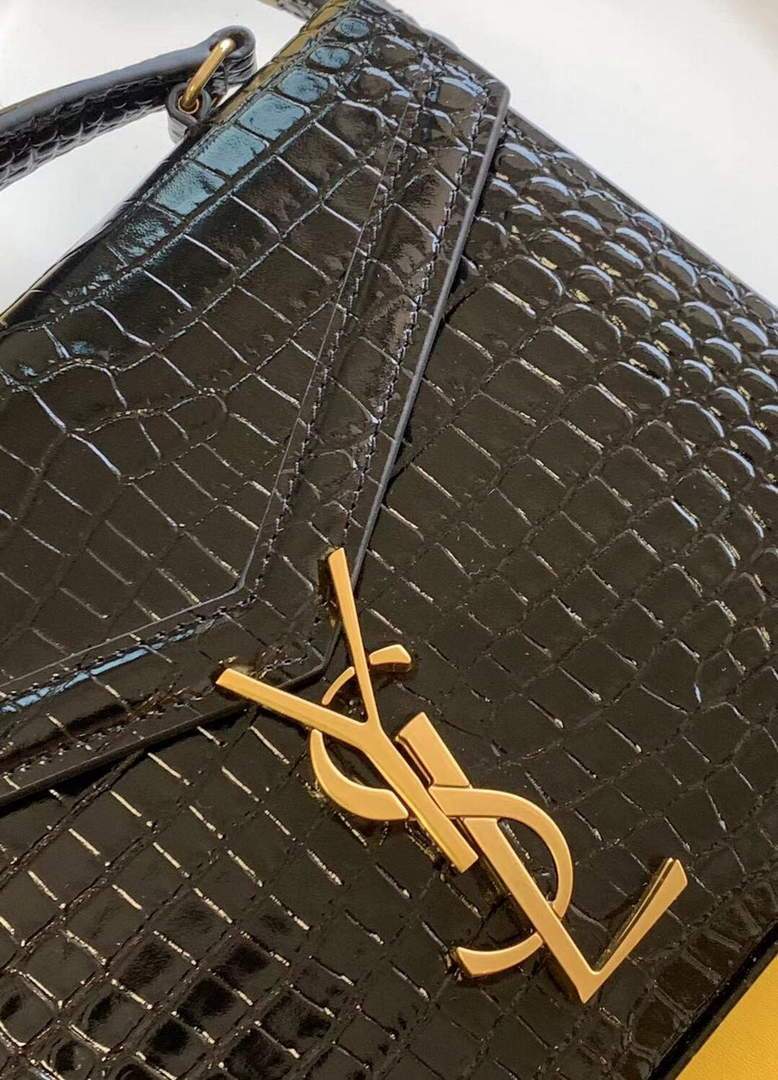 YSL 602716 Crocodile Embossed Shiny Leather Mini Bag Black