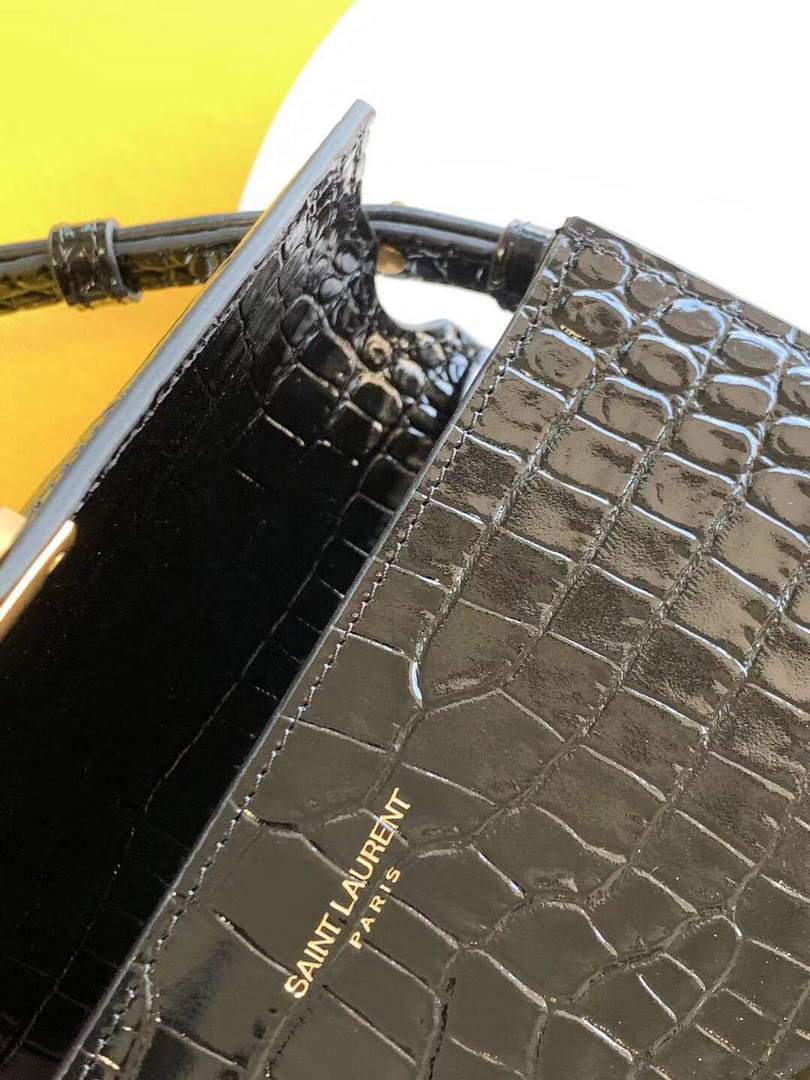 YSL 602716 Crocodile Embossed Shiny Leather Mini Bag Black