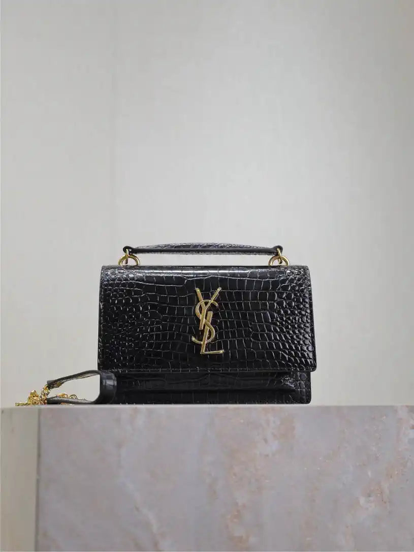 YSL 533026 Sunset chain wallet in Crocodile leather Black