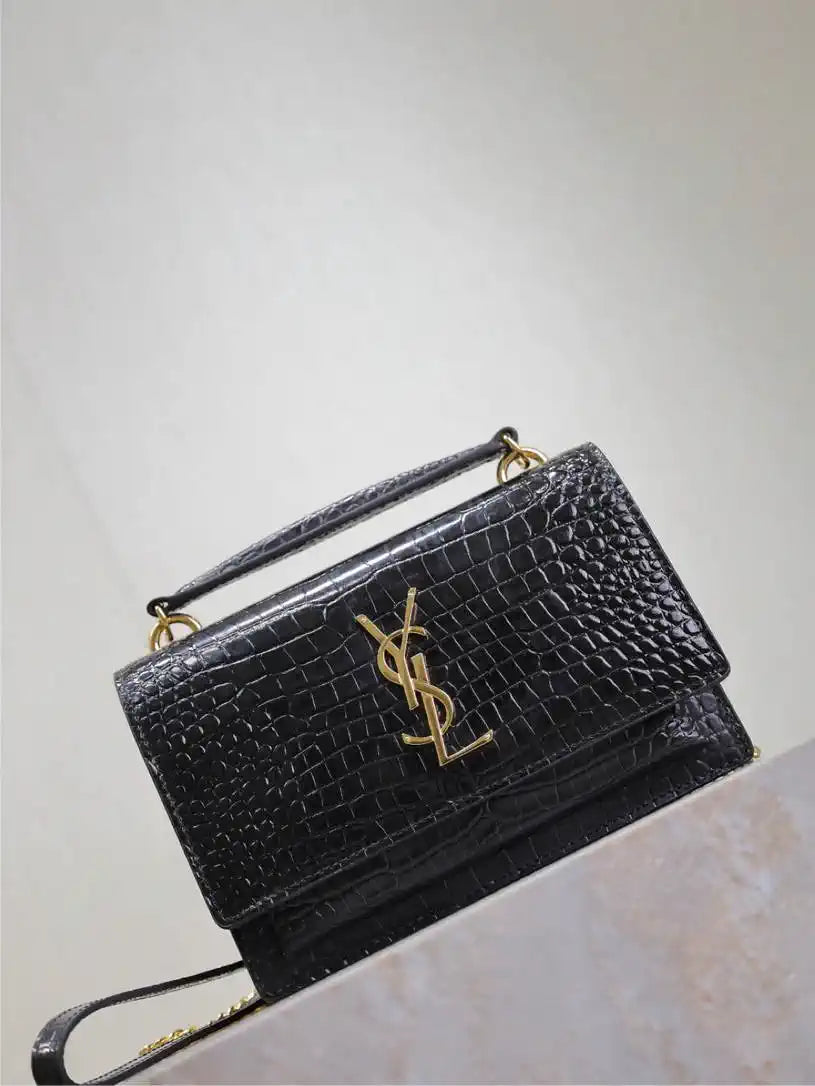 YSL 533026 Sunset chain wallet in Crocodile leather Black