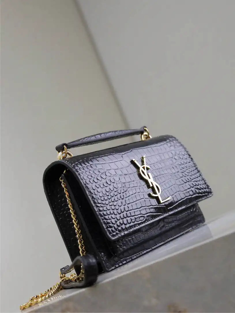 YSL 533026 Sunset chain wallet in Crocodile leather Black
