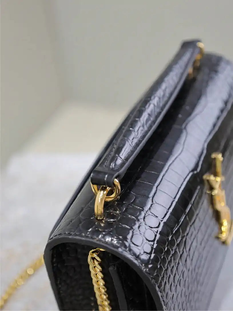 YSL 533026 Sunset chain wallet in Crocodile leather Black