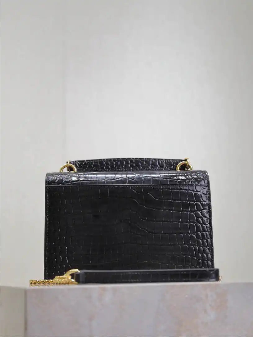 YSL 533026 Sunset chain wallet in Crocodile leather Black