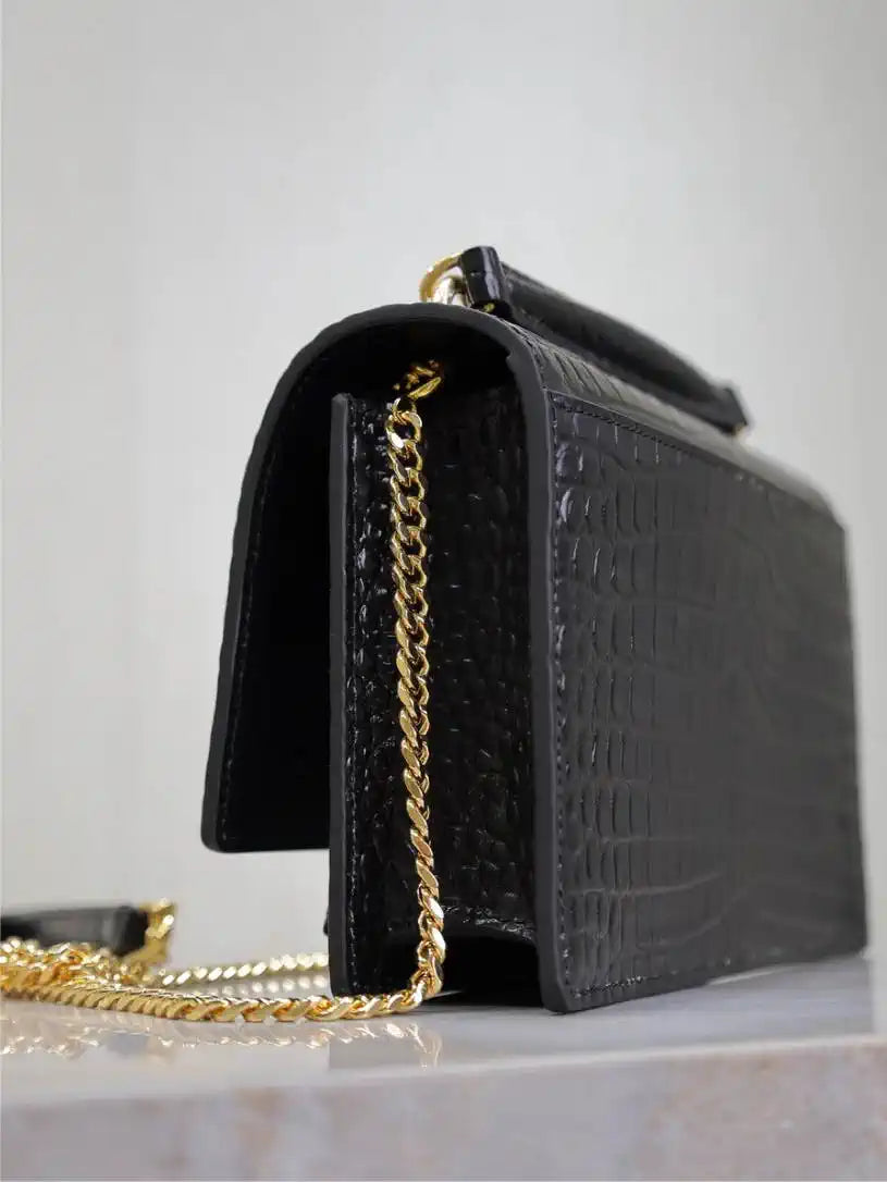 YSL 533026 Sunset chain wallet in Crocodile leather Black