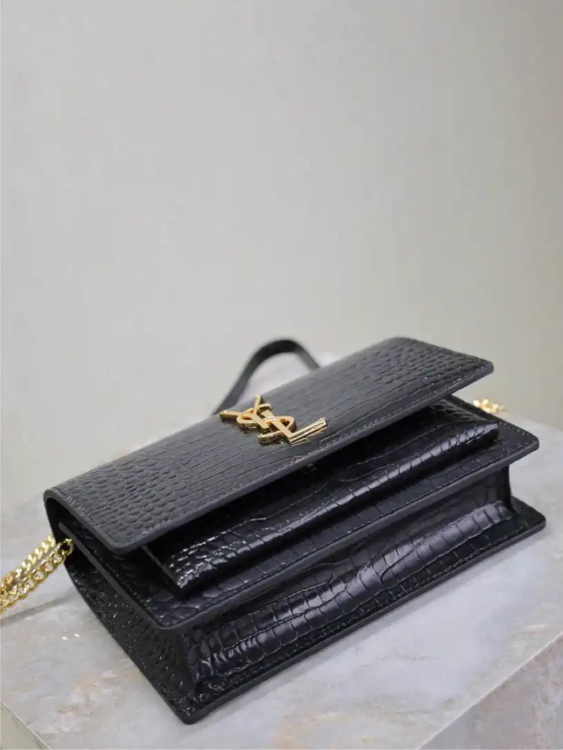 YSL 533026 Sunset chain wallet in Crocodile leather Black