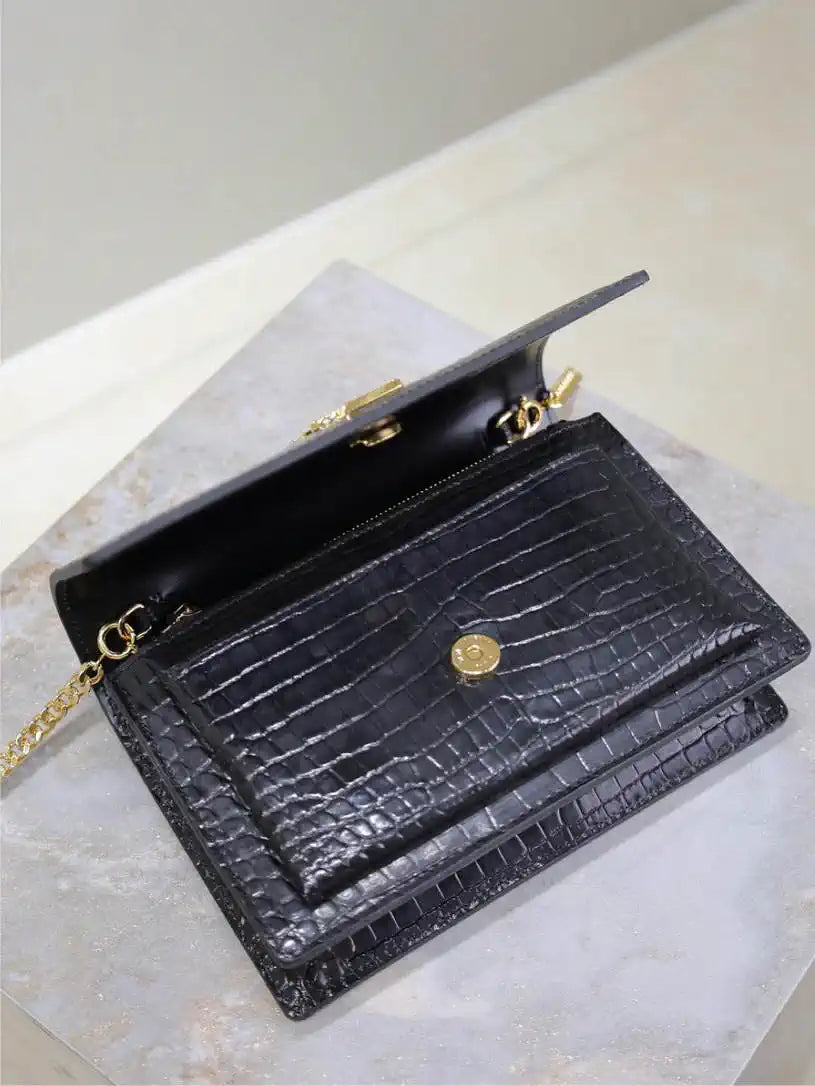 YSL 533026 Sunset chain wallet in Crocodile leather Black