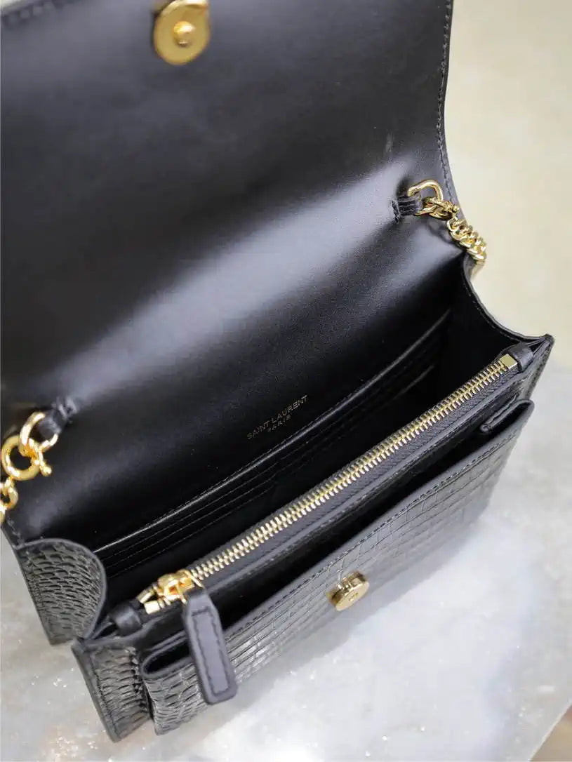 YSL 533026 Sunset chain wallet in Crocodile leather Black