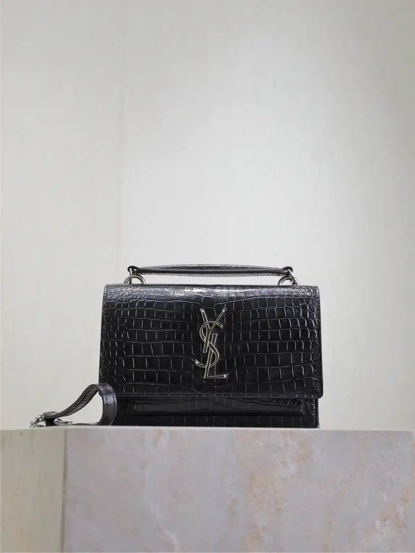 YSL 533026 Sunset chain wallet in Crocodile leather Black