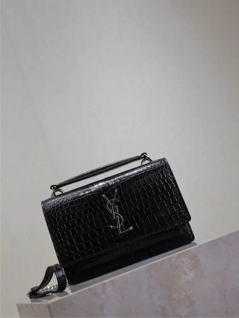 YSL 533026 Sunset chain wallet in Crocodile leather Black