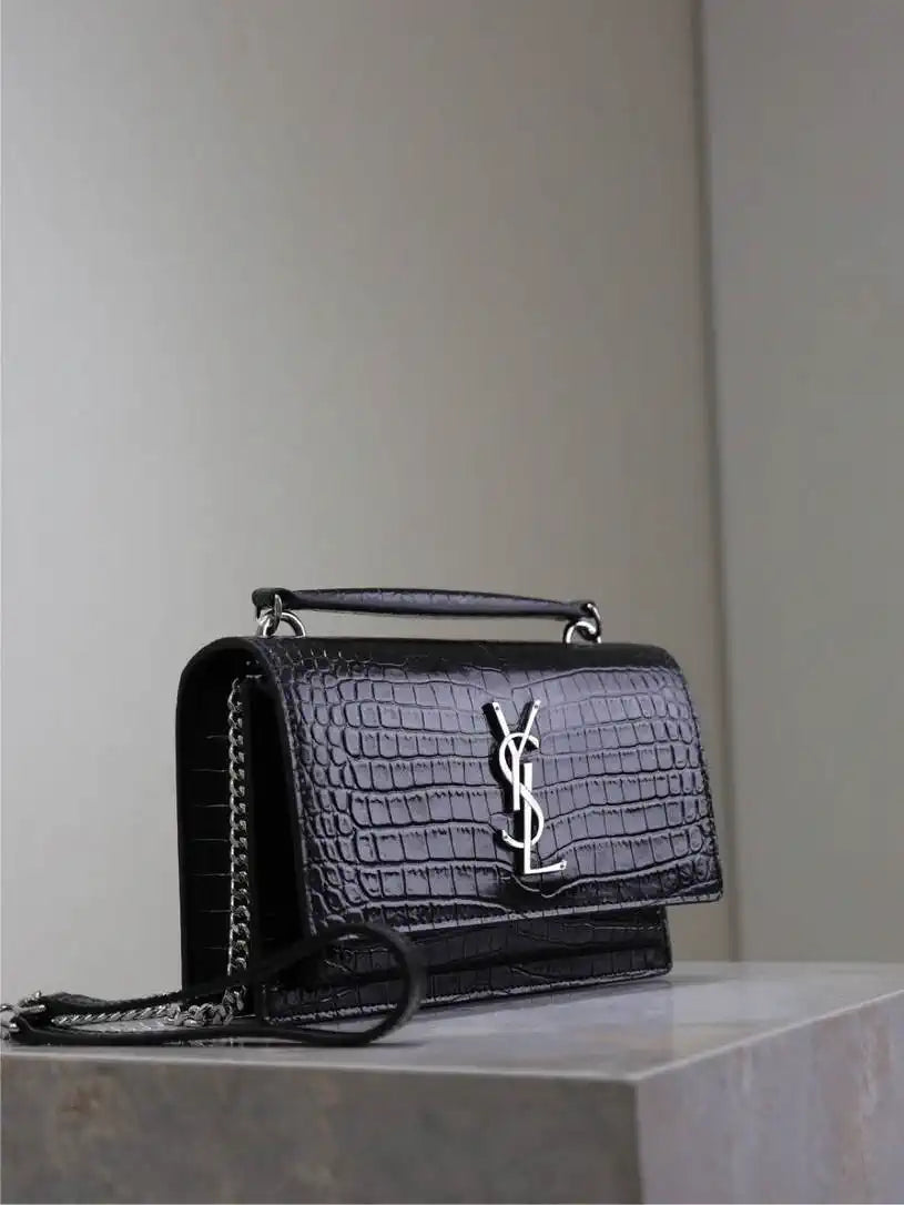 YSL 533026 Sunset chain wallet in Crocodile leather Black