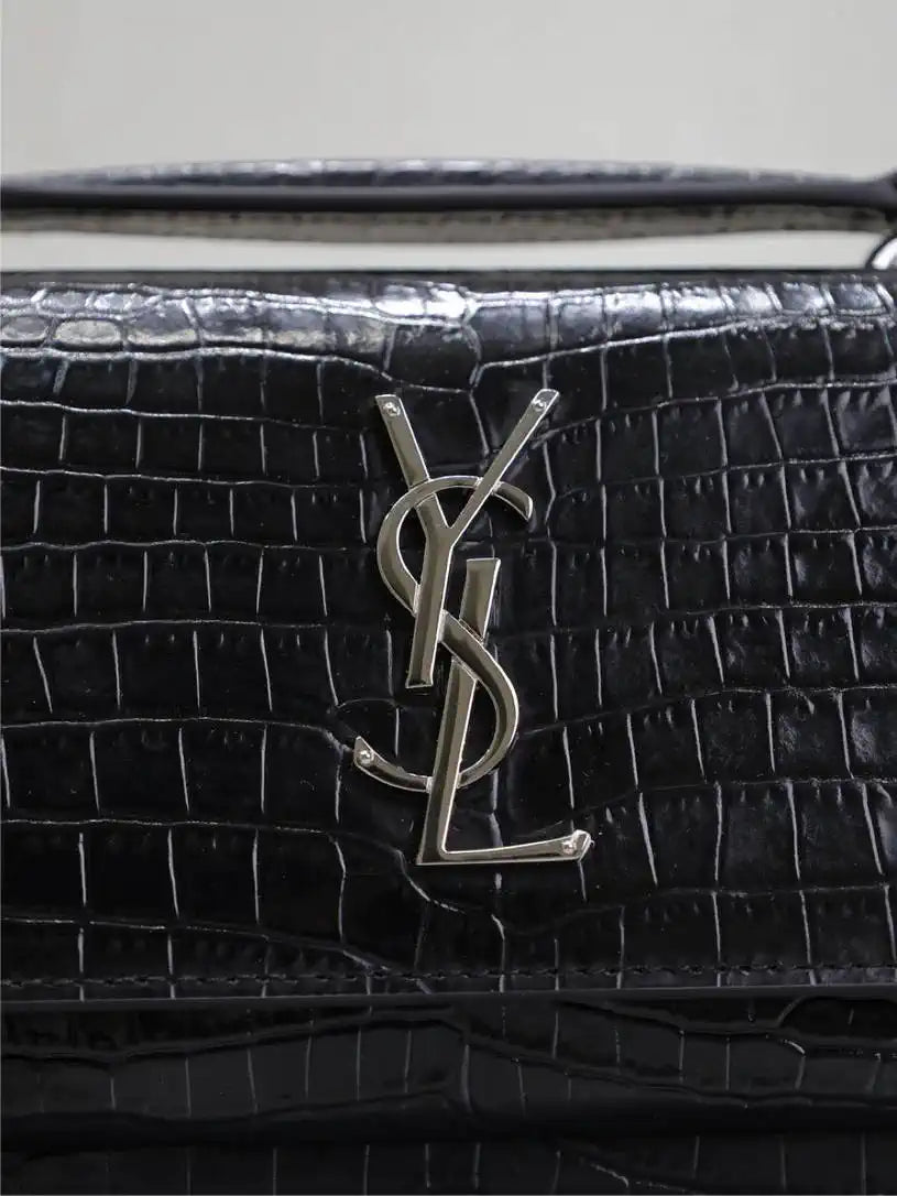 YSL 533026 Sunset chain wallet in Crocodile leather Black