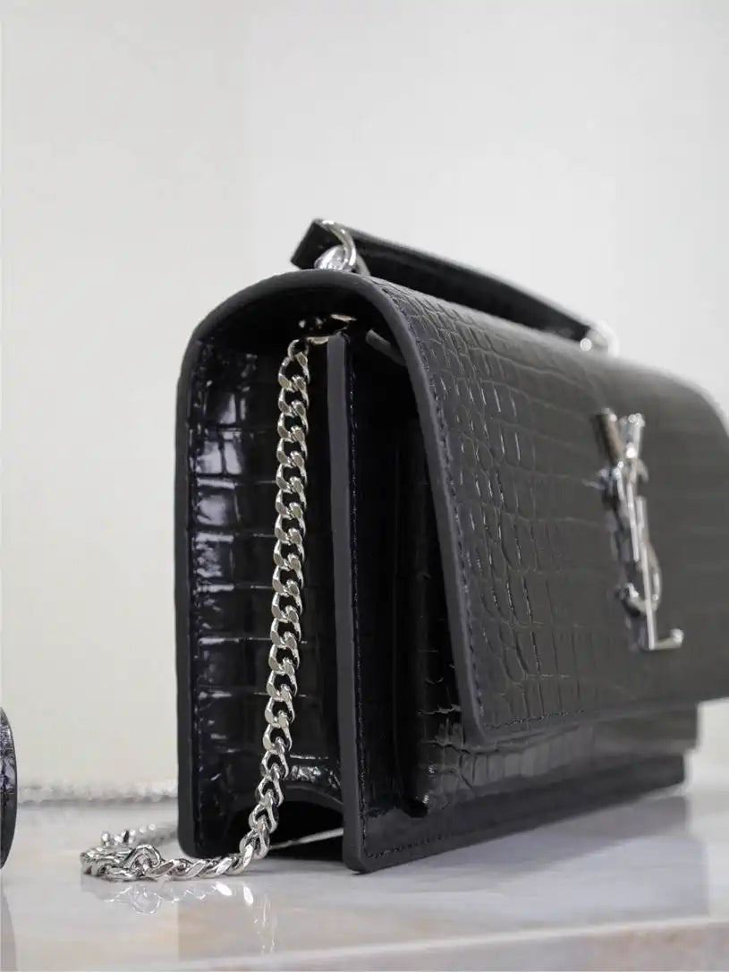 YSL 533026 Sunset chain wallet in Crocodile leather Black