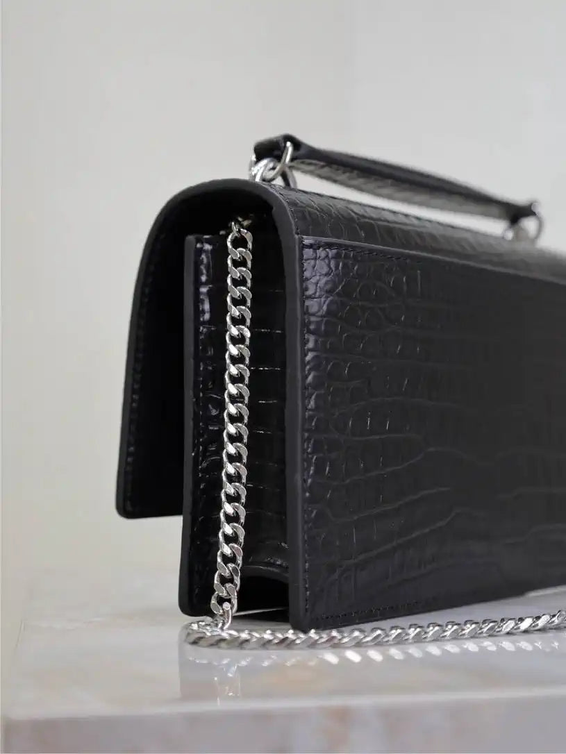 YSL 533026 Sunset chain wallet in Crocodile leather Black