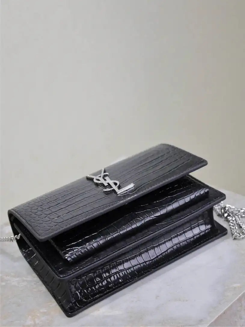 YSL 533026 Sunset chain wallet in Crocodile leather Black