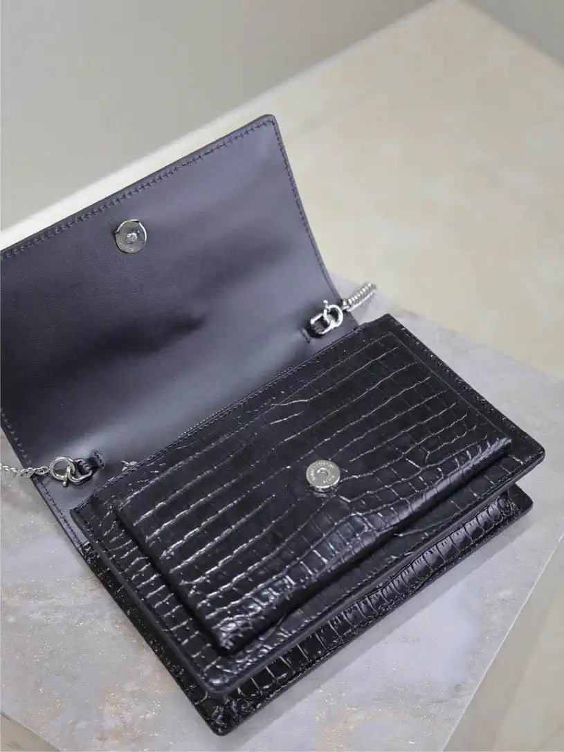 YSL 533026 Sunset chain wallet in Crocodile leather Black