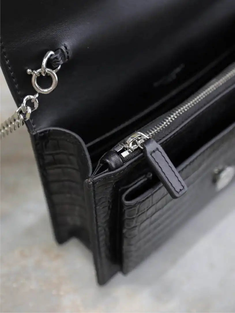 YSL 533026 Sunset chain wallet in Crocodile leather Black