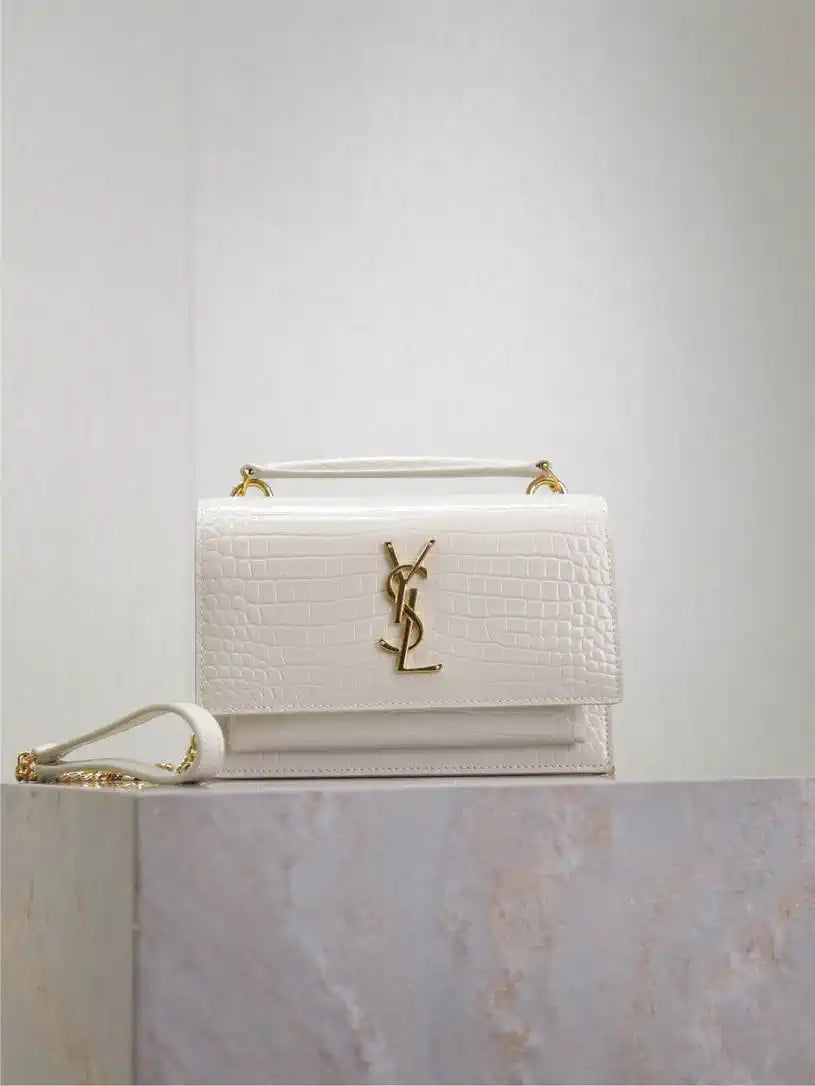 YSL 533026 Sunset chain wallet in Crocodile LEATHER White