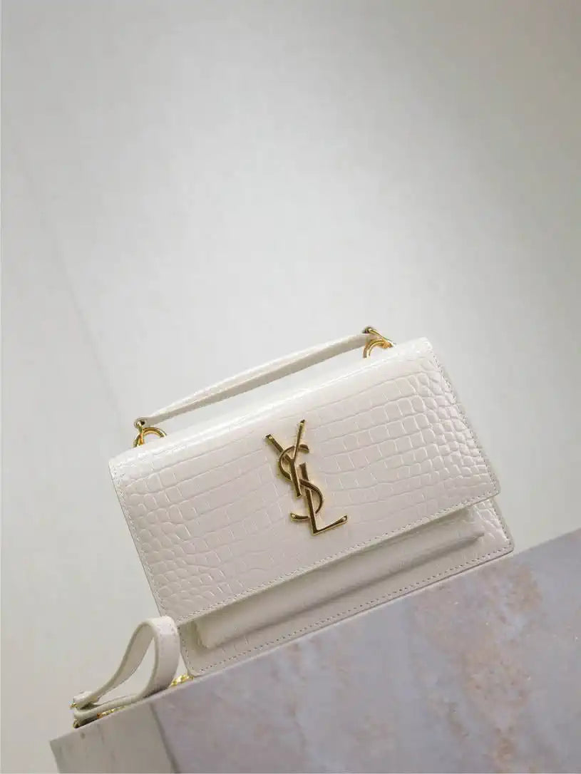 YSL 533026 Sunset chain wallet in Crocodile LEATHER White