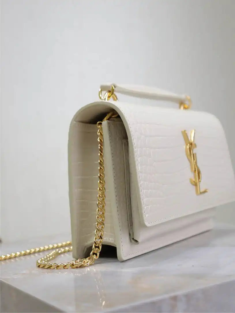 YSL 533026 Sunset chain wallet in Crocodile LEATHER White