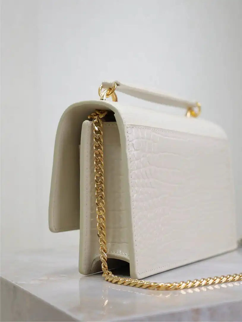 YSL 533026 Sunset chain wallet in Crocodile LEATHER White