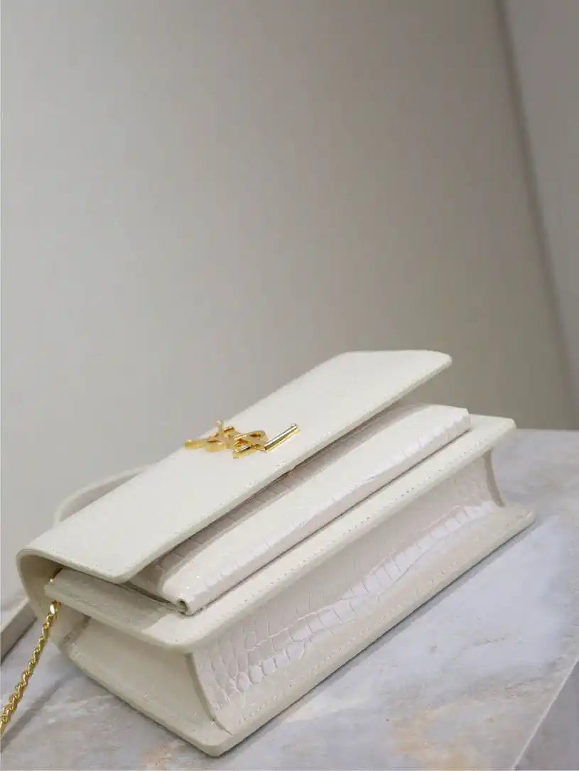 YSL 533026 Sunset chain wallet in Crocodile LEATHER White