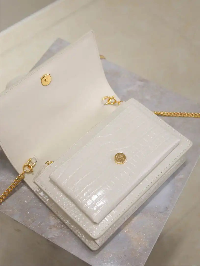 YSL 533026 Sunset chain wallet in Crocodile LEATHER White