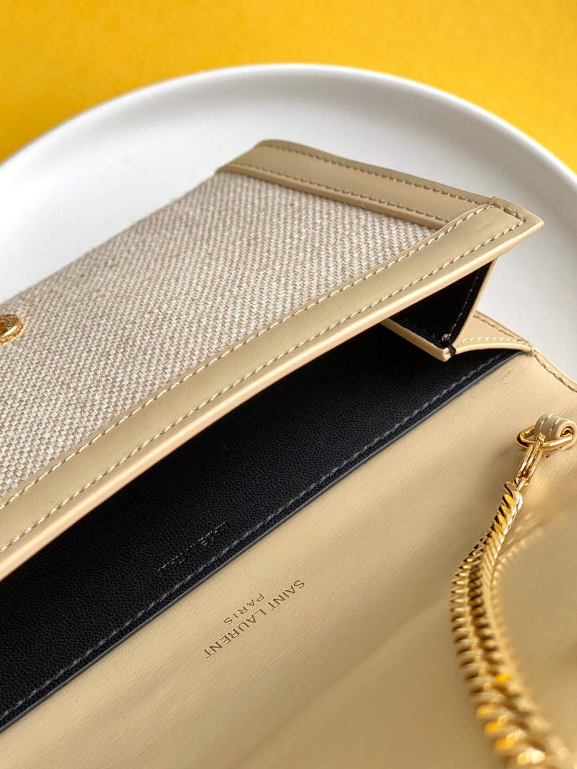 YSL 607788 Yves Saint Laurent Uptown Chain Wallet In Micro Raffia Apricot