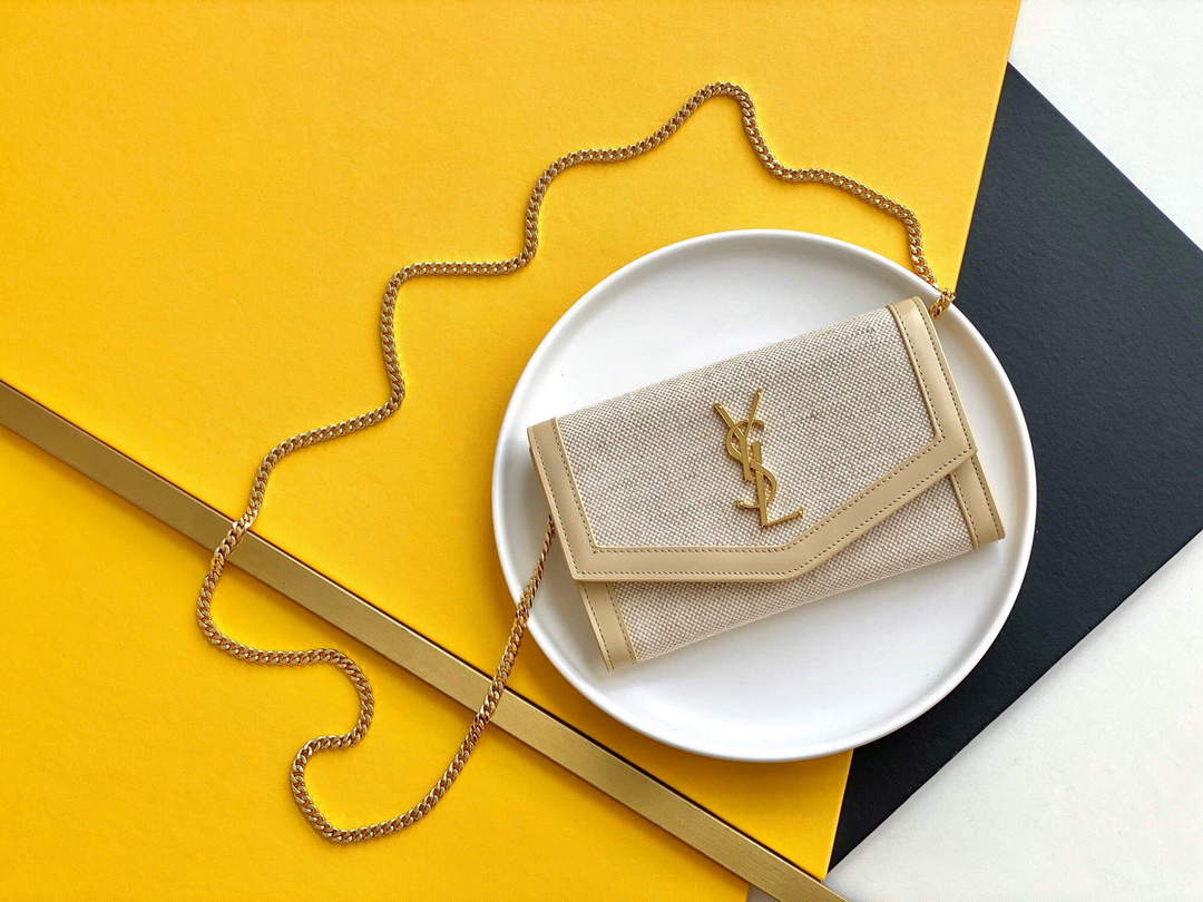 YSL 607788 Yves Saint Laurent Uptown Chain Wallet In Micro Raffia Apricot