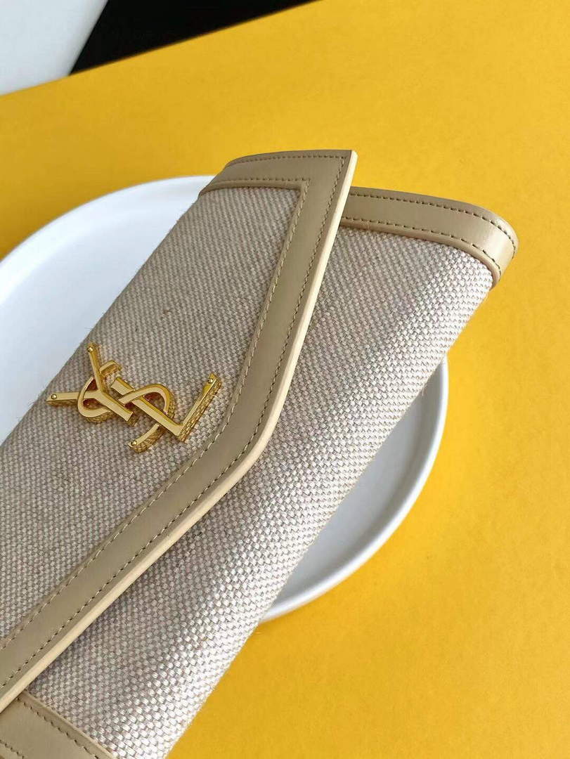 YSL 607788 Yves Saint Laurent Uptown Chain Wallet In Micro Raffia Apricot