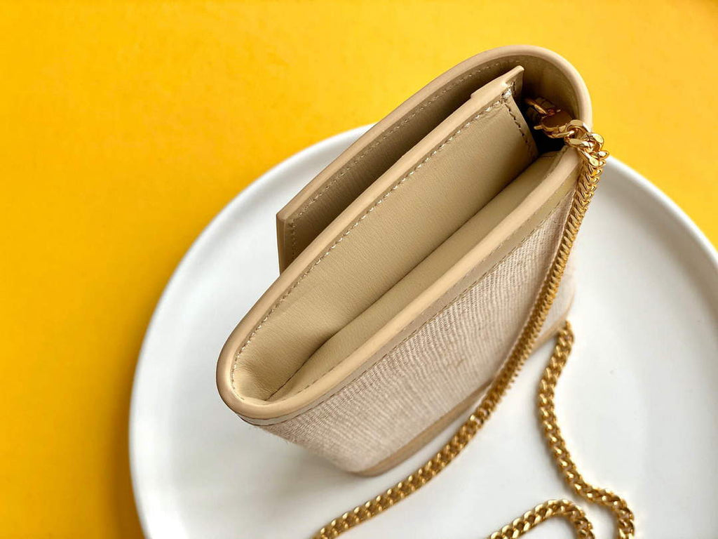 YSL 607788 Yves Saint Laurent Uptown Chain Wallet In Micro Raffia Apricot